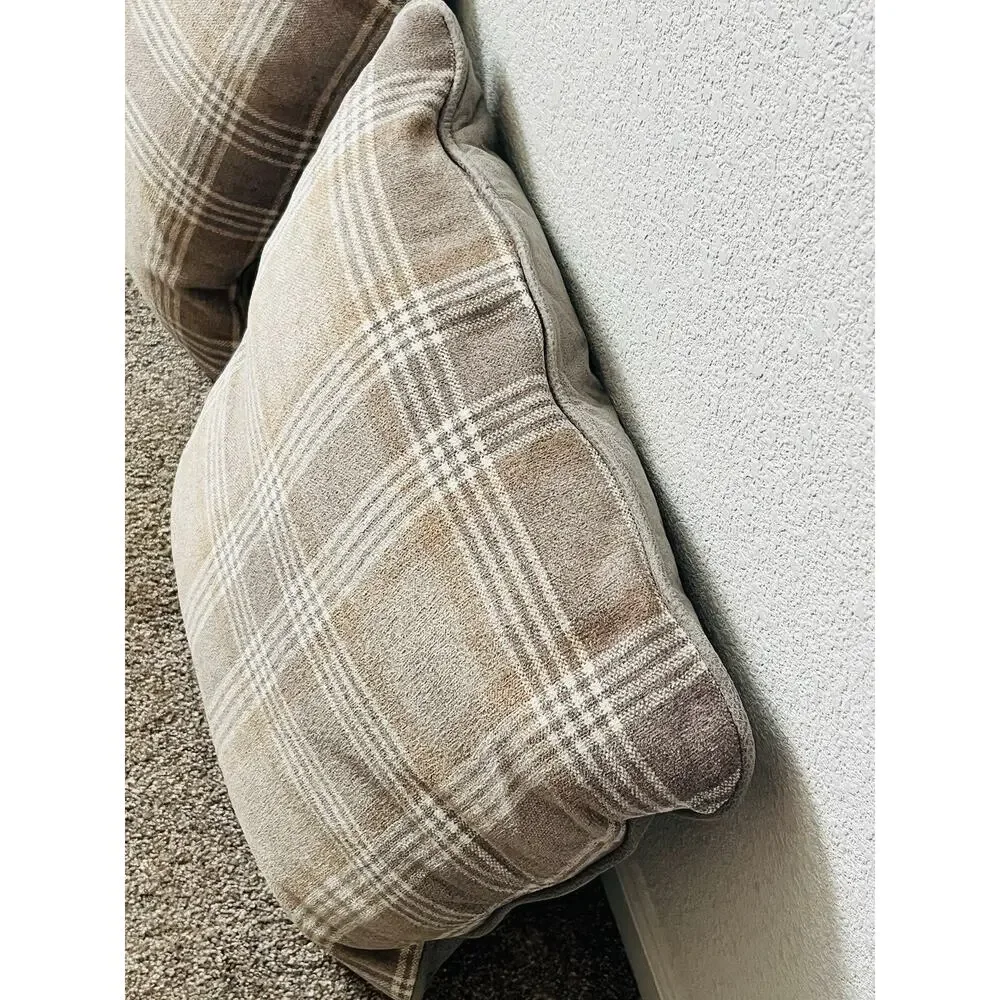 Set 2 Plaid 100% Waterfowl Feather Pillows Beige Tan Gray Grey Checkered Suede